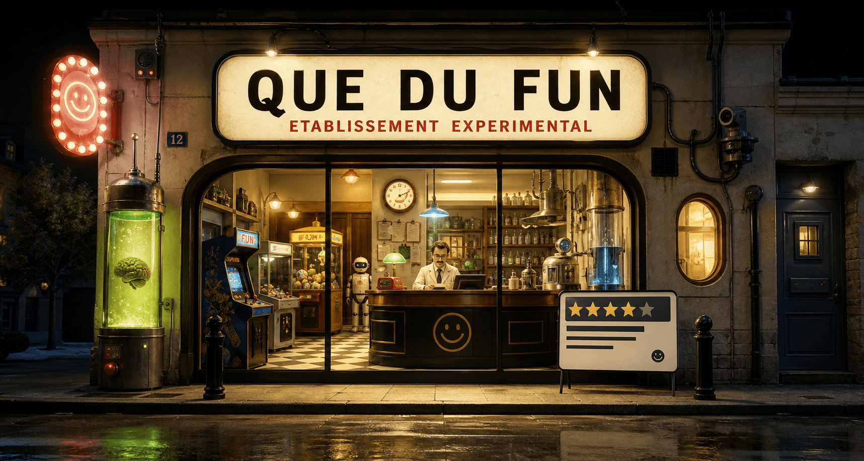 Facade nocturne fictive de l'etablissement QUE DU FUN